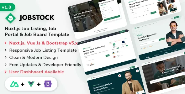 JobStock - Nuxt.js Job Listing, Job Portal Landing & Admin Dashboard Template 1 JobStock - Nuxt.js Job Listing, Job Portal Landing & Admin Dashboard Template