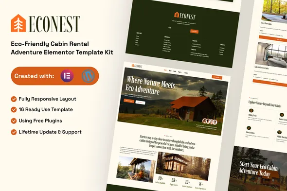 Econest - Eco-Friendly Cabin Rental Adventure Elementor Template Kit 1 Econest - Eco-Friendly Cabin Rental Adventure Elementor Template Kit